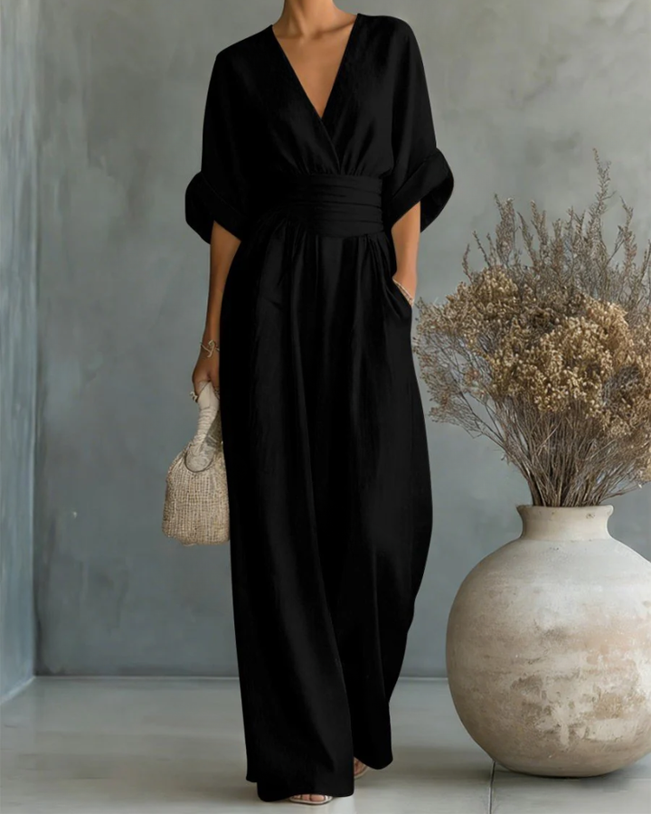 Women's Linen V-Neck Wide Leg Jumpsuit with Pockets