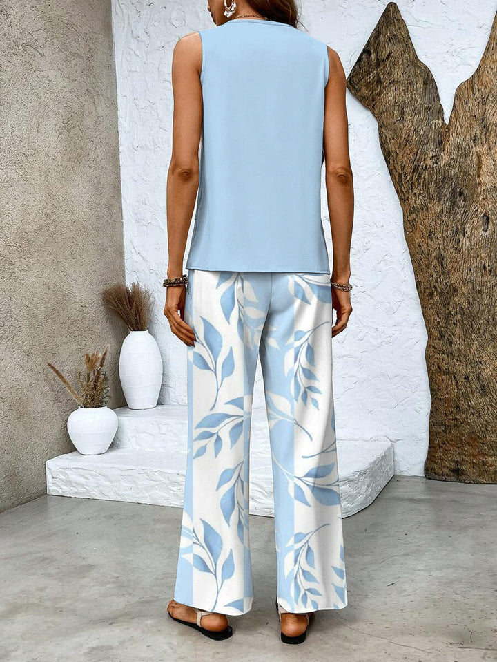 Women's Two-Piece Layered Top and Floral Wide-Leg Trousers Set