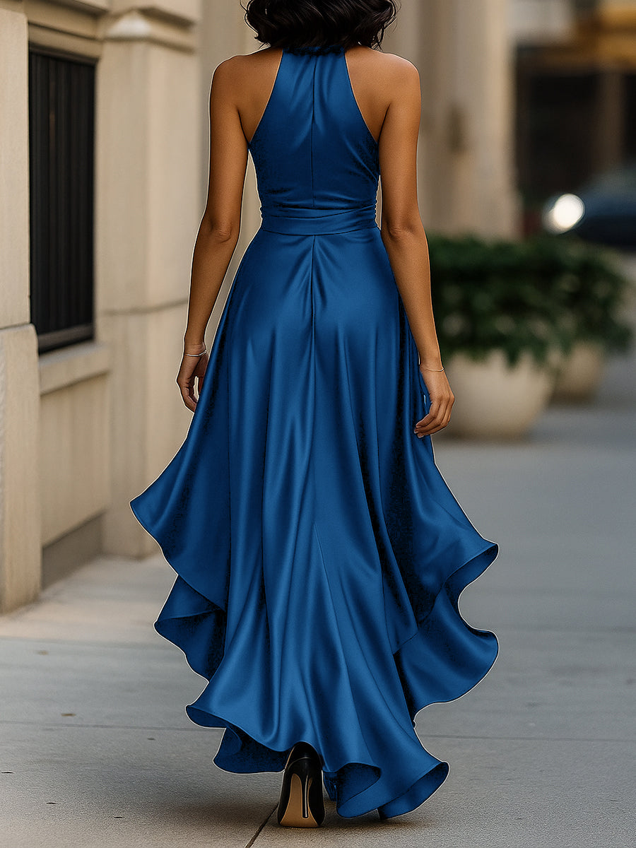 Women's Satin Halter Neck Wedding Guest Dress High-Low Hem