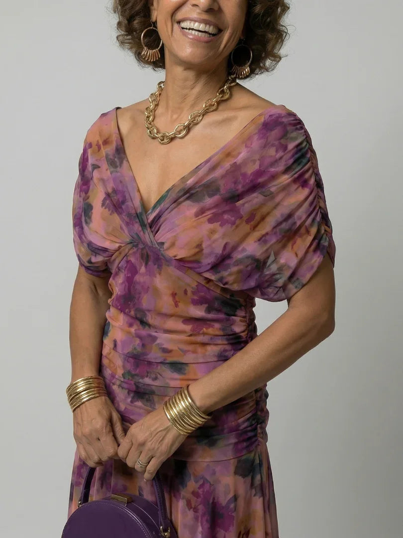 Women's Watercolour Floral Draped Off-Shoulder Flowy Midi Dress