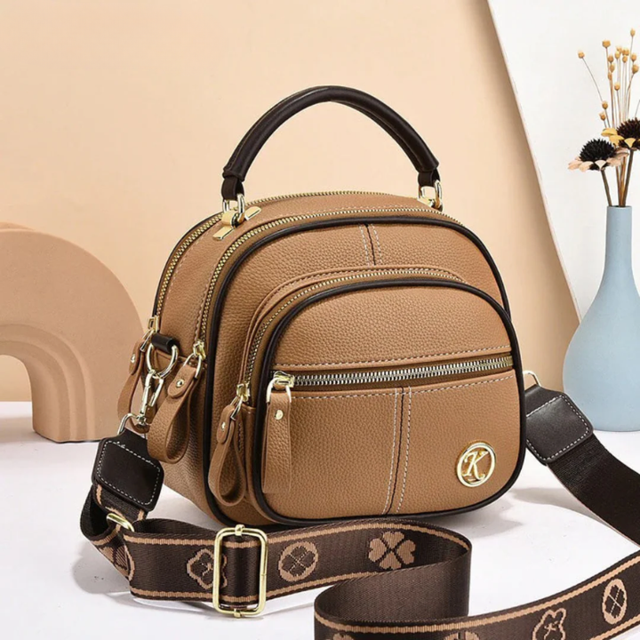Women's Leather Multi-Zip Crossbody Bag with Woven Strap