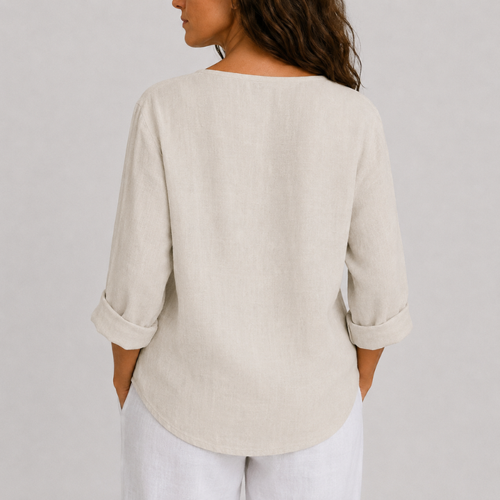 Women's V-Neck Linen Blouse with Single Button Detail
