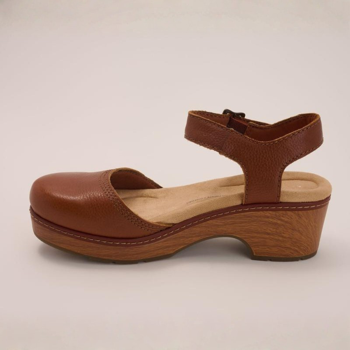 Women's Leather Ankle Strap Wooden Platform Clogs