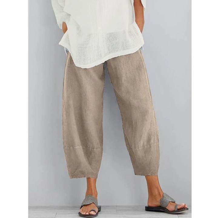 Women's Linen Elasticated Waist Cropped Wide-Leg Trousers