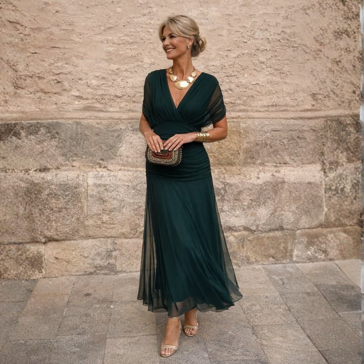 Women's V-Neck Ruched Waist Sheer Sleeve Chiffon Maxi Dress