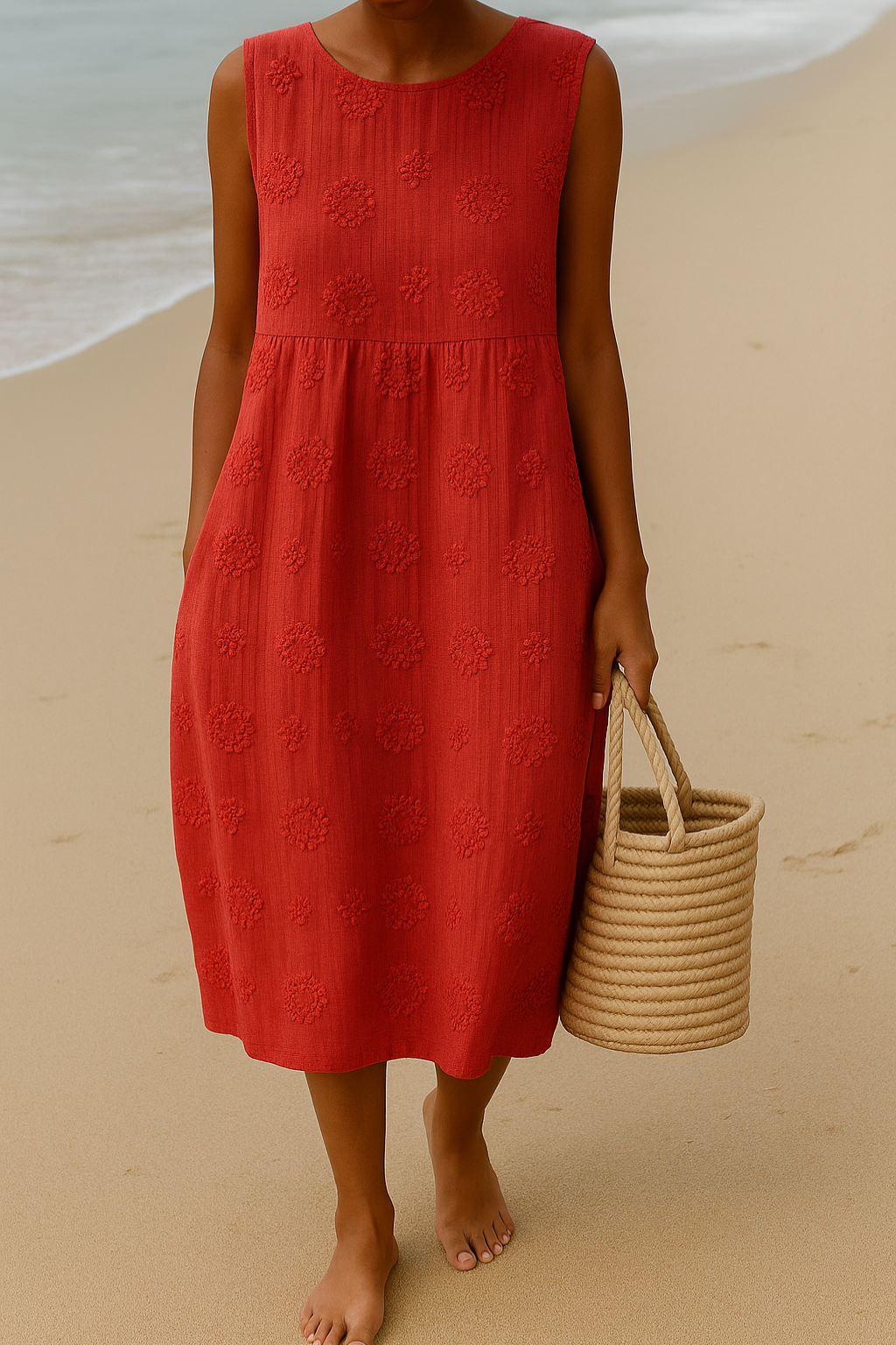 Women's Embroidered Floral Texture Sleeveless Empire Midi Dress