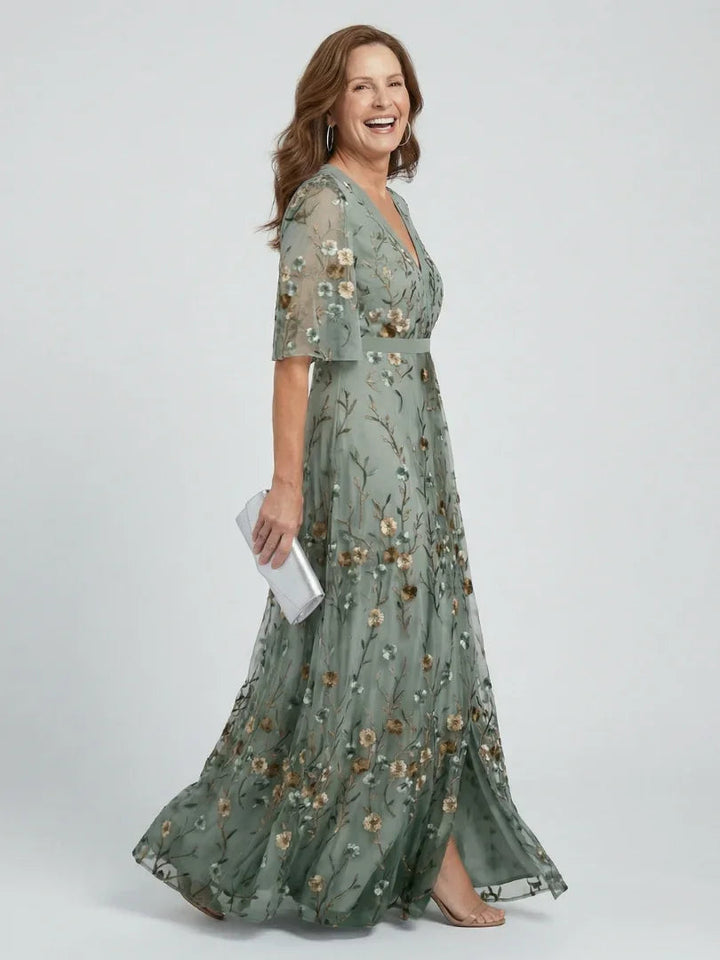 Women's Floral Embroidered Maxi Dress V-Neck Flutter Sleeve