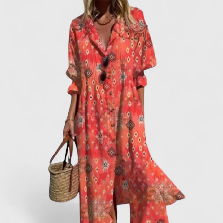 Women's Botanical Print Collared Button-Front Long Sleeve Midi Dress