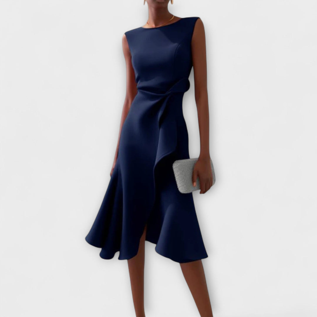 Women's Sleeveless Draped Waist Asymmetric Ruffle Hem Midi Dress