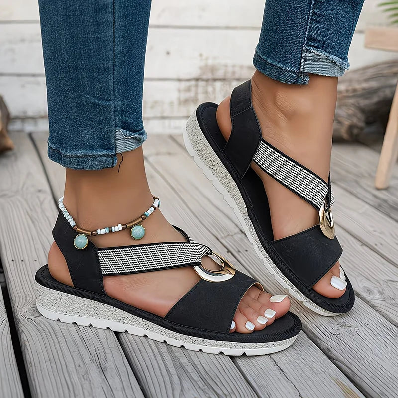 Women's Beaded Ankle Strap Elastic Band Buckle Flat Sandals