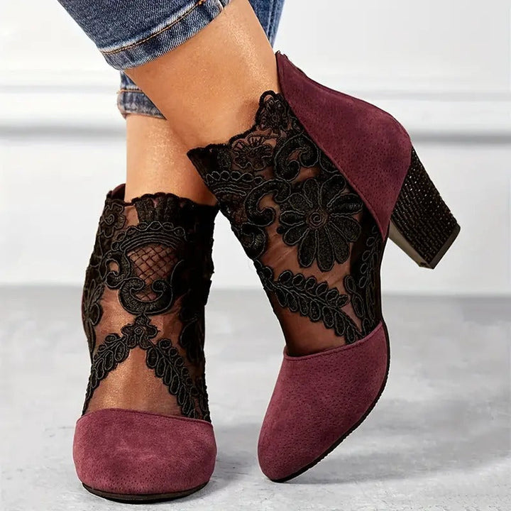 Women's Burgundy Floral Lace Block Heel Ankle Boots