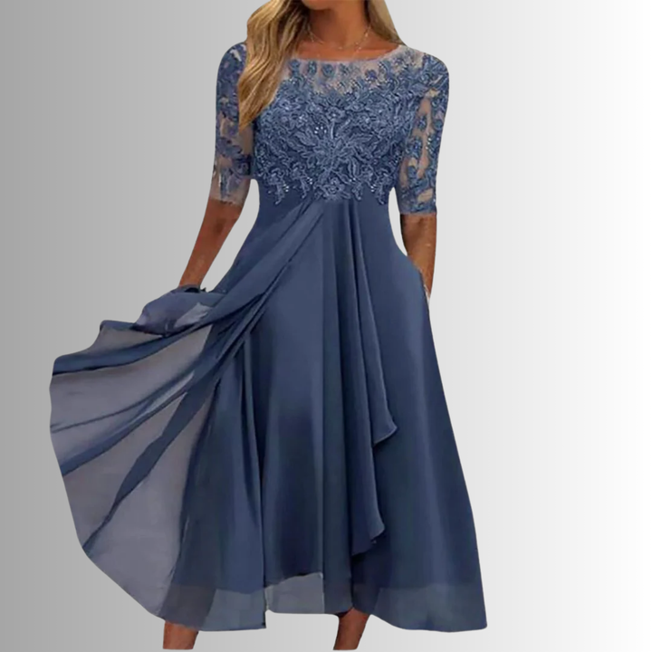 Women's Lace Bodice Midi Dress Half Sleeve Wedding Guest