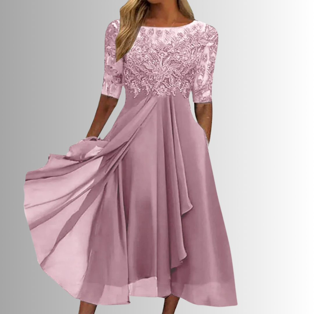 Women's Lace Bodice Midi Dress Half Sleeve Wedding Guest