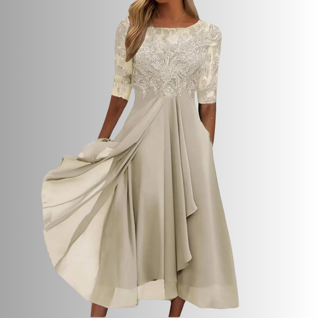Women's Lace Bodice Midi Dress Half Sleeve Wedding Guest