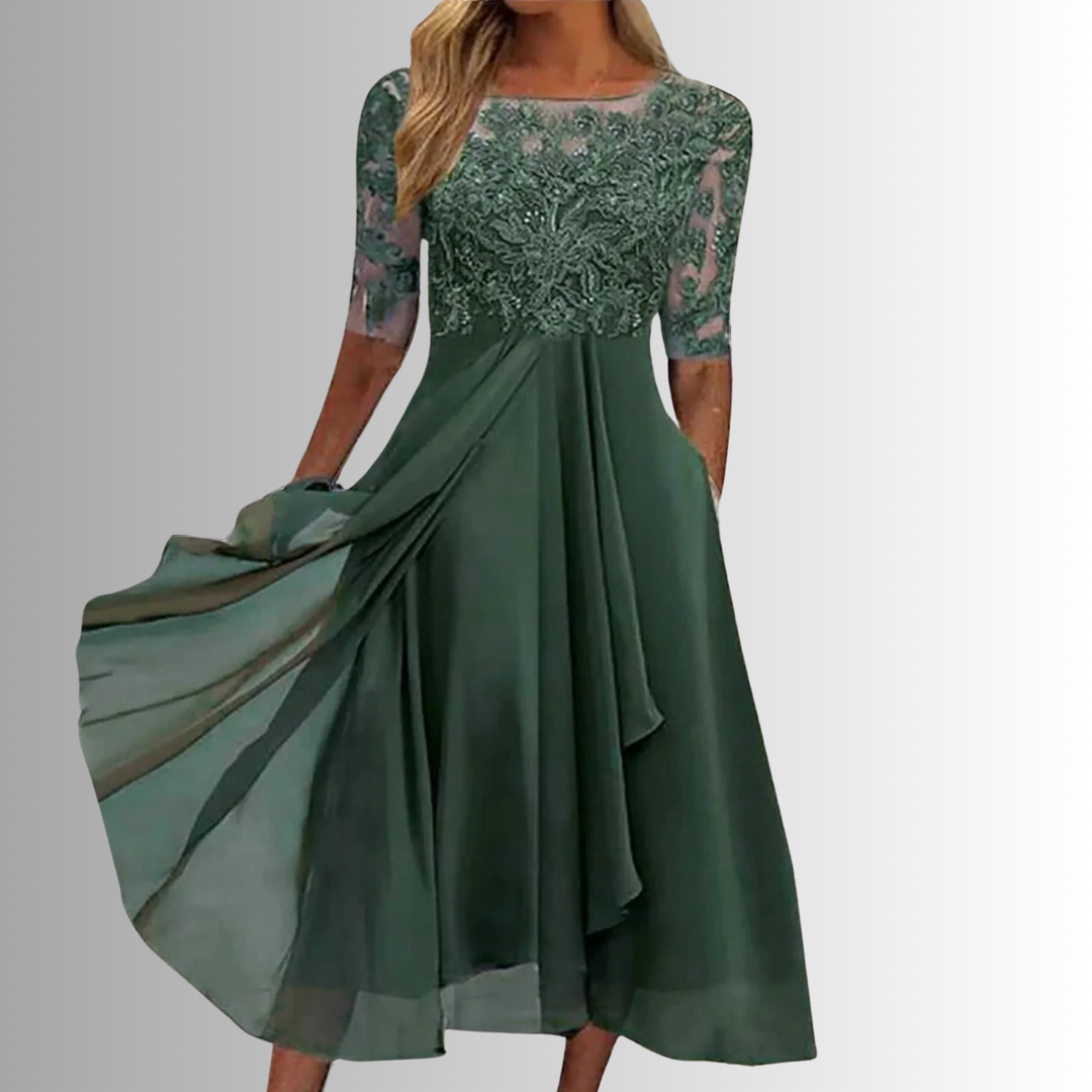 Women's Lace Bodice Midi Dress Half Sleeve Wedding Guest