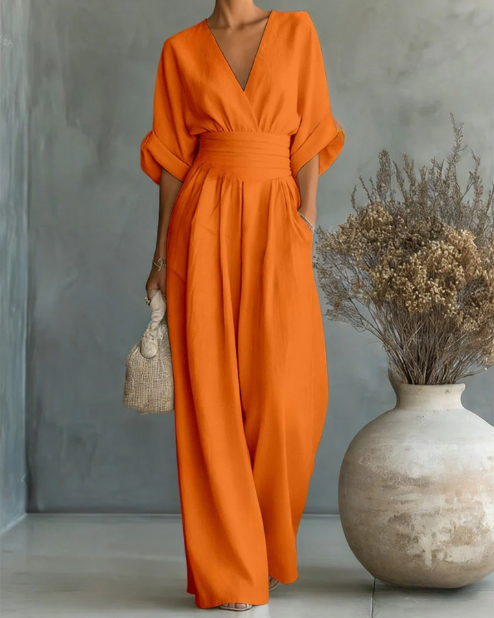 Women's Linen V-Neck Wide Leg Jumpsuit with Pockets