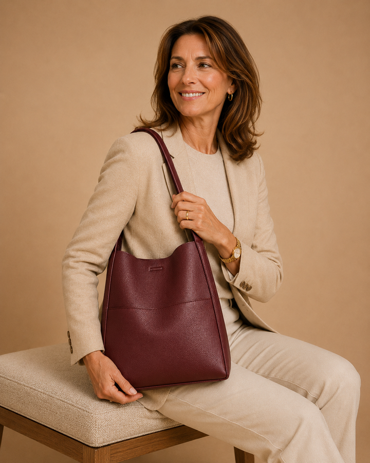 Women's Leather Tote Bag with Front Pocket Detail