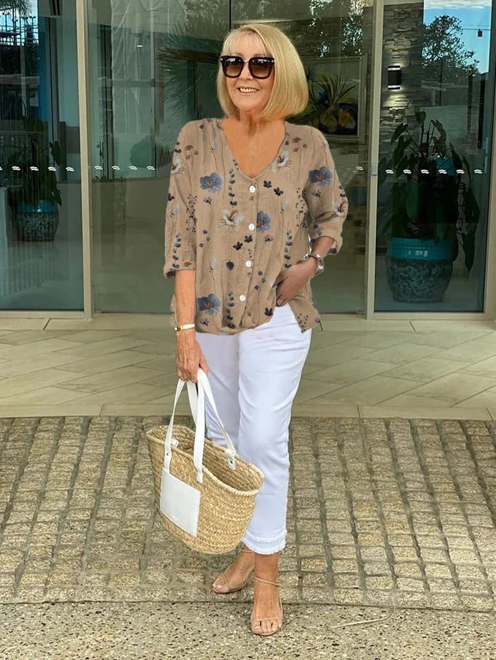 Women's Floral Print V-Neck Three-Quarter Sleeve Linen Blouse