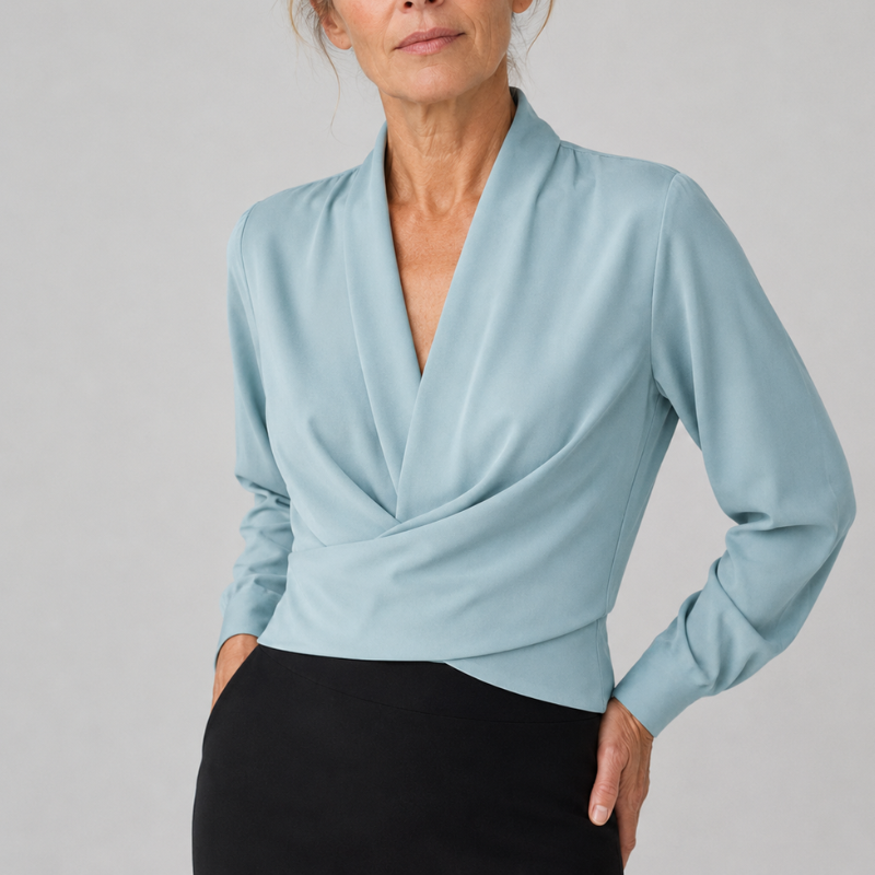 Women's Wrap Blouse with Draped V-Neckline and Long Sleeve Crossover Top