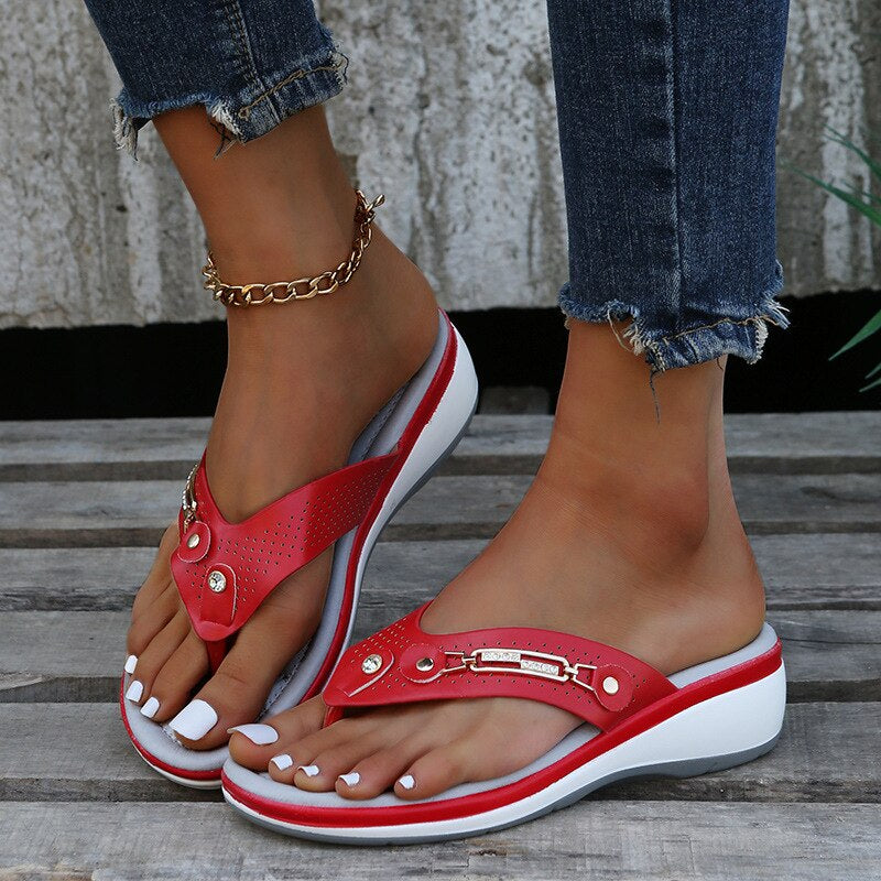 Women's Orthopaedic Thong Toe Wedge Sandals Gold Trim Detail