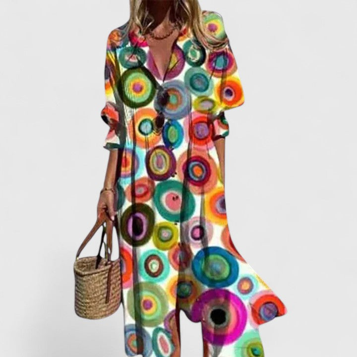 Women's Botanical Print Collared Button-Front Long Sleeve Midi Dress