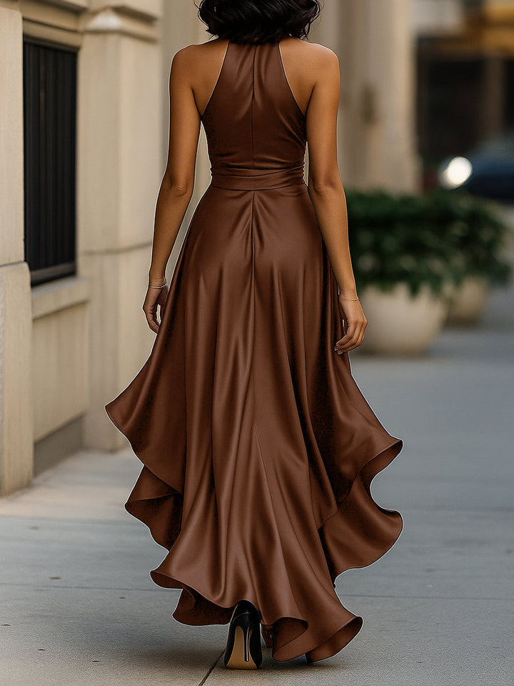 Women's Satin Halter Neck Wedding Guest Dress High-Low Hem