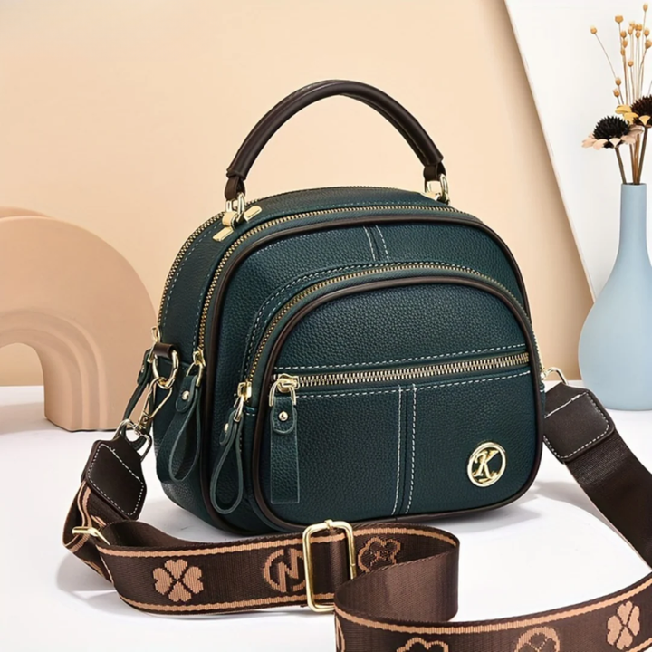 Women's Leather Multi-Zip Crossbody Bag with Woven Strap