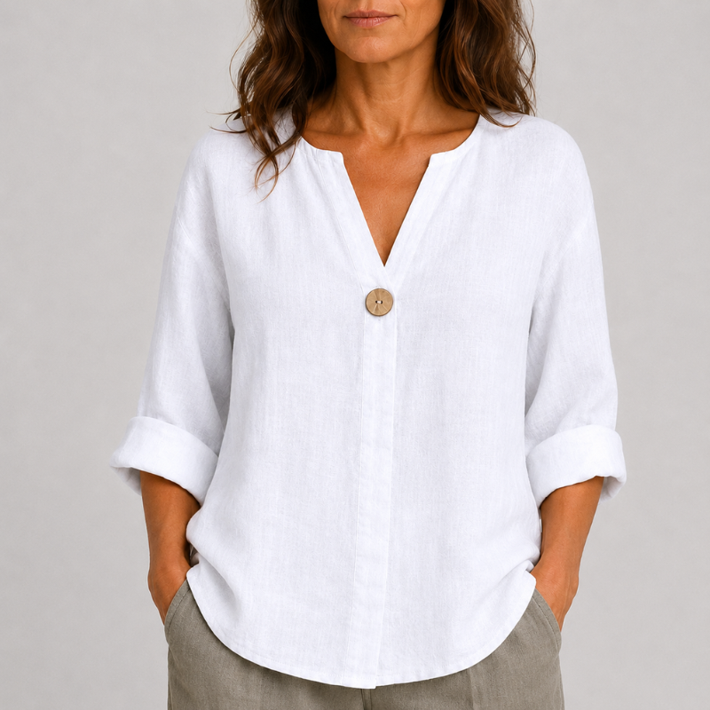 Women's V-Neck Linen Blouse with Single Button Detail