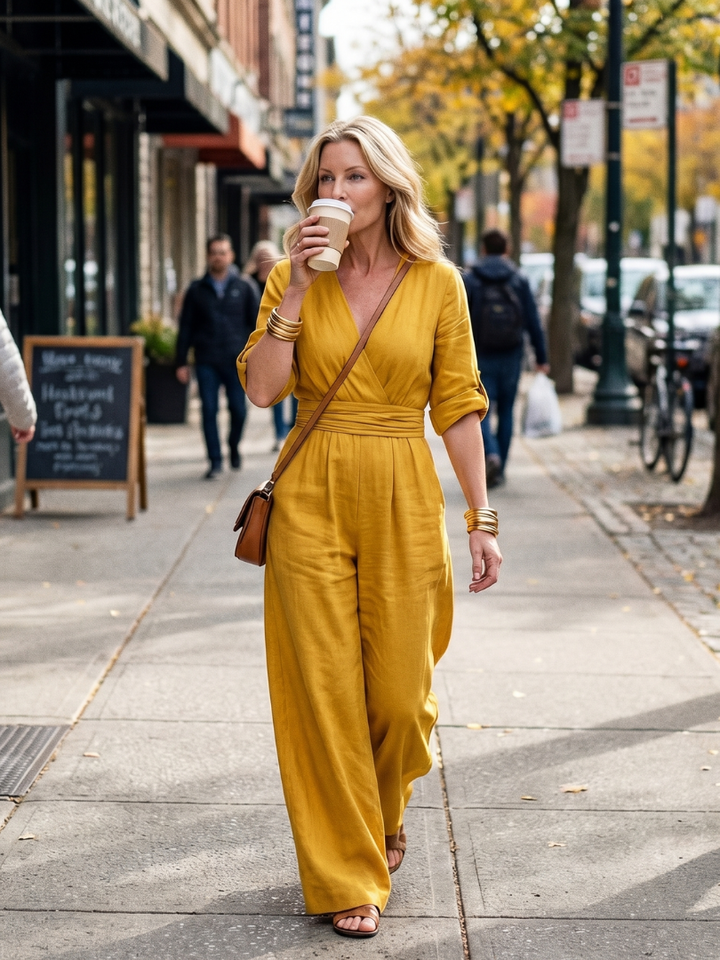 Women's Cross-Front Wide-Leg Gathered Waist Maxi Jumpsuit