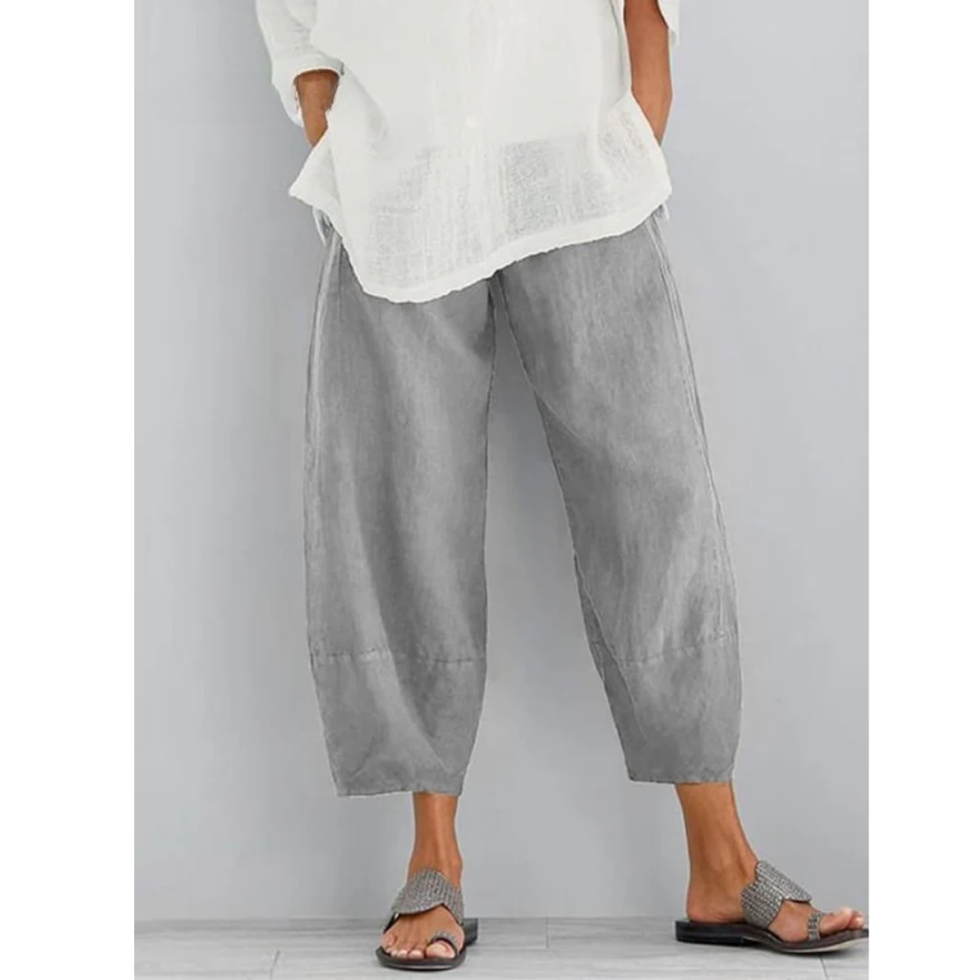 Women's Linen Elasticated Waist Cropped Wide-Leg Trousers