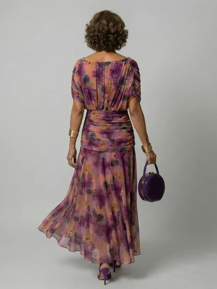 Women's Watercolour Floral Draped Off-Shoulder Flowy Midi Dress