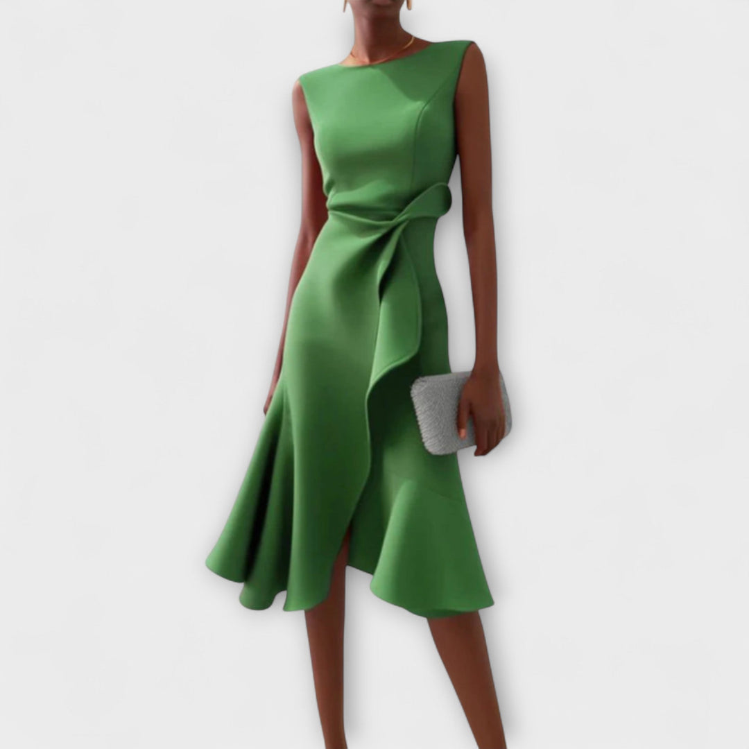 Women's Sleeveless Draped Waist Asymmetric Ruffle Hem Midi Dress