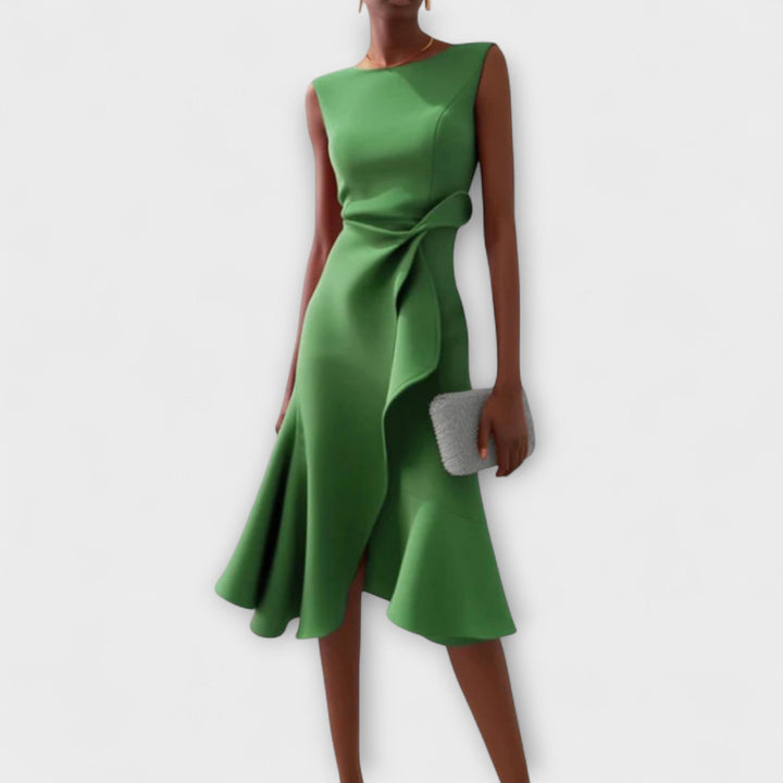 Women's Sleeveless Draped Waist Asymmetric Ruffle Hem Midi Dress