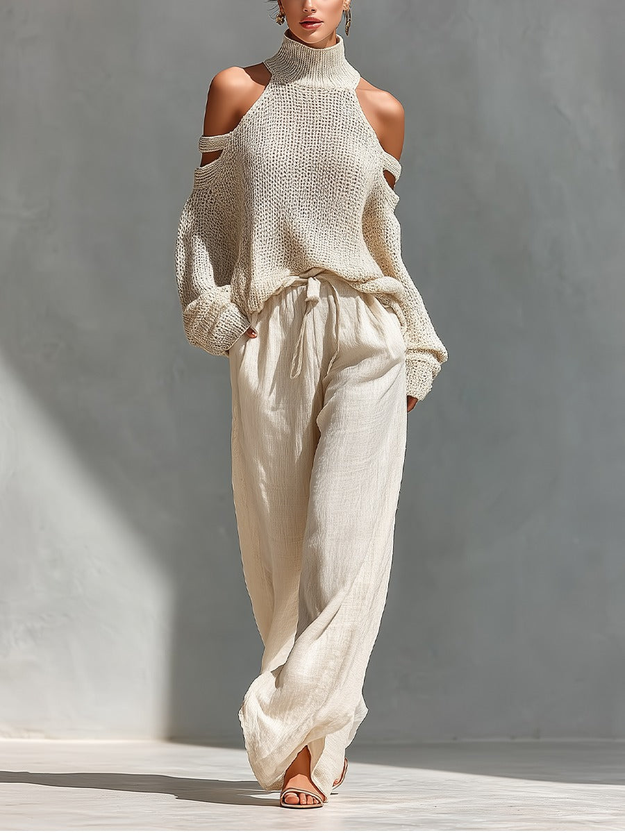 Women's Two-Piece Knit Cold-Shoulder Top and Wide-Leg Trousers Set