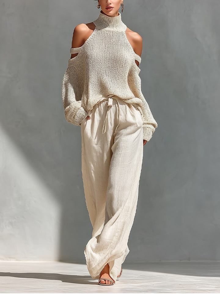 Women's Two-Piece Knit Cold-Shoulder Top and Wide-Leg Trousers Set