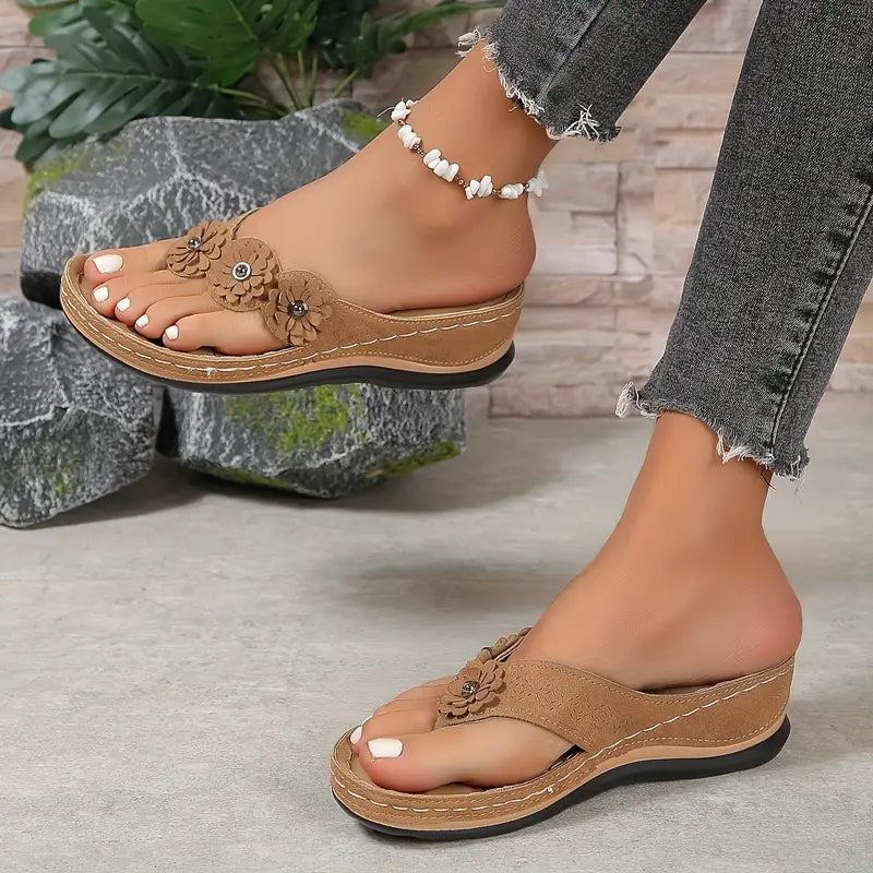 Women's Orthopaedic Wedge Flip Flop Sandals Flower Detail