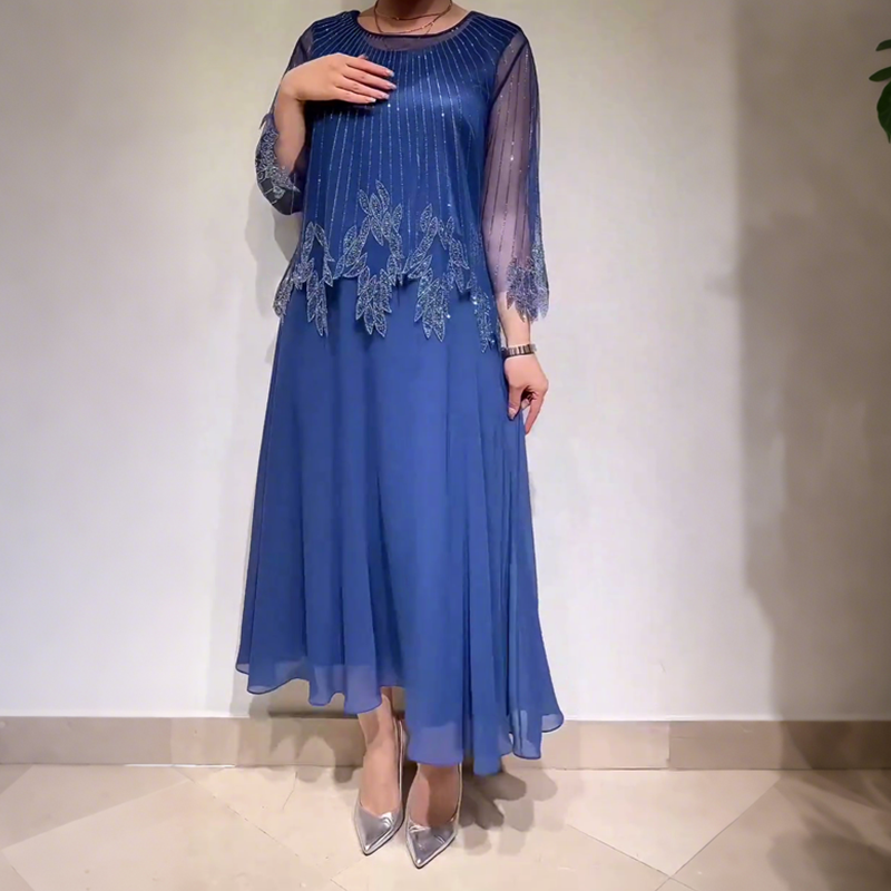 Women's Stylish Beaded Mesh Overlay Maxi Dress Sheer Sleeve