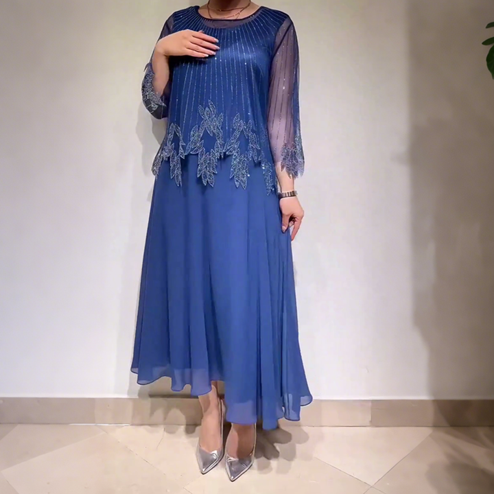 Women's Stylish Beaded Mesh Overlay Maxi Dress Sheer Sleeve