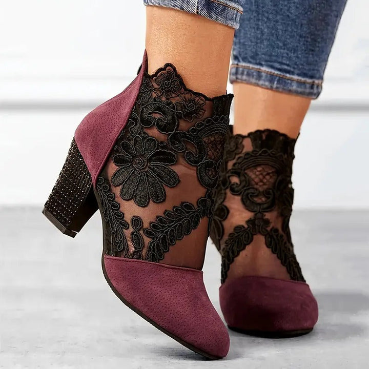 Women's Burgundy Floral Lace Block Heel Ankle Boots