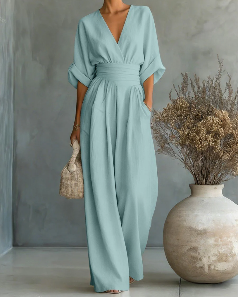 Women's Linen V-Neck Wide Leg Jumpsuit with Pockets