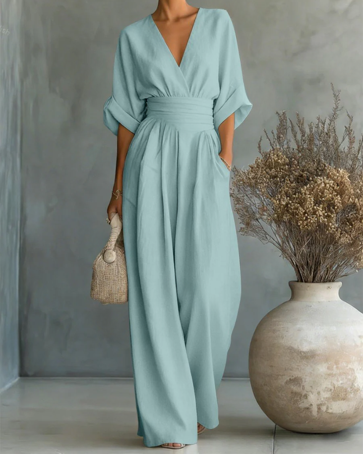 Women's Linen V-Neck Wide Leg Jumpsuit with Pockets