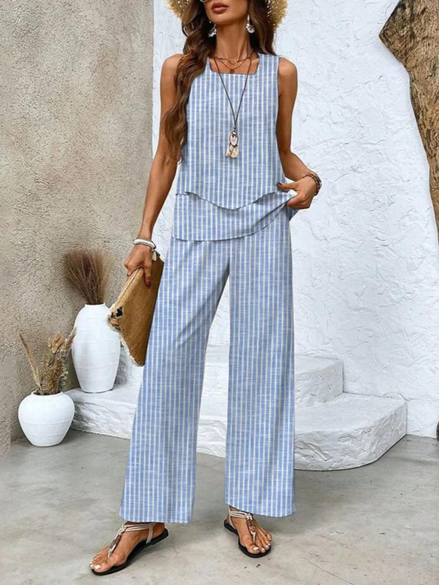 Women's Two-Piece Layered Top and Floral Wide-Leg Trousers Set