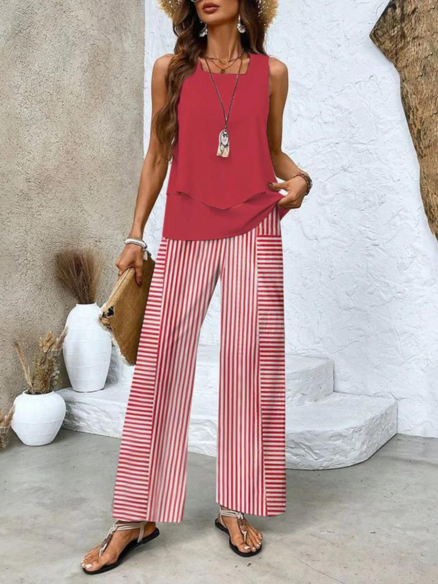 Women's Two-Piece Layered Top and Floral Wide-Leg Trousers Set