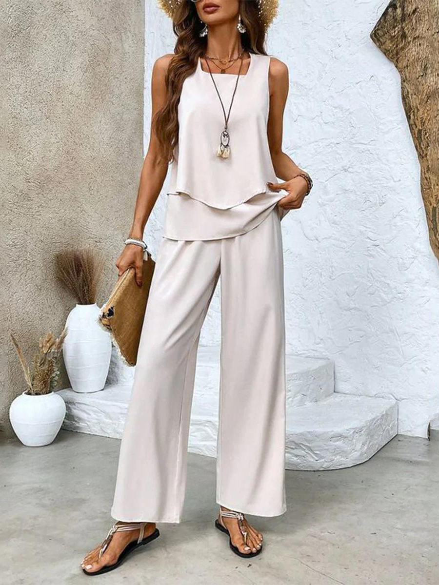 Women's Two-Piece Layered Top and Floral Wide-Leg Trousers Set
