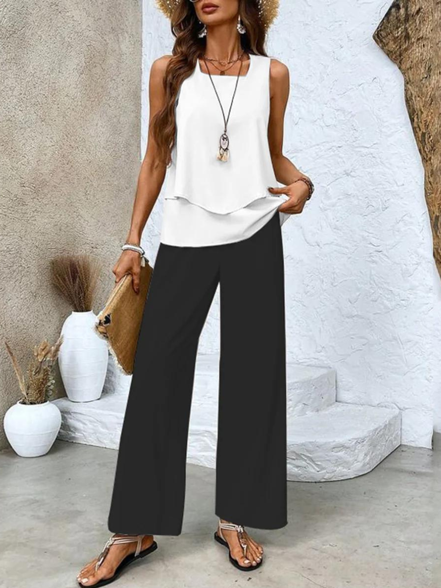 Women's Two-Piece Layered Top and Floral Wide-Leg Trousers Set