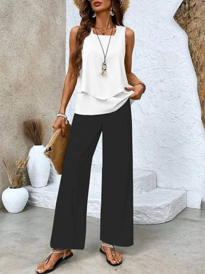 Women's Two-Piece Layered Top and Floral Wide-Leg Trousers Set