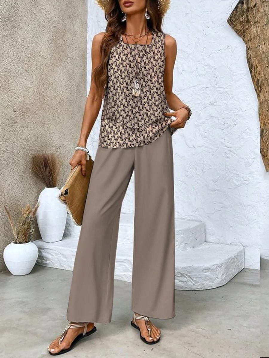 Women's Two-Piece Layered Top and Floral Wide-Leg Trousers Set
