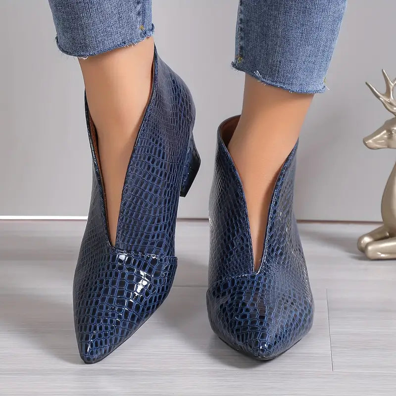 Women's Croc Embossed Pointed Toe Block Heel Ankle Boots