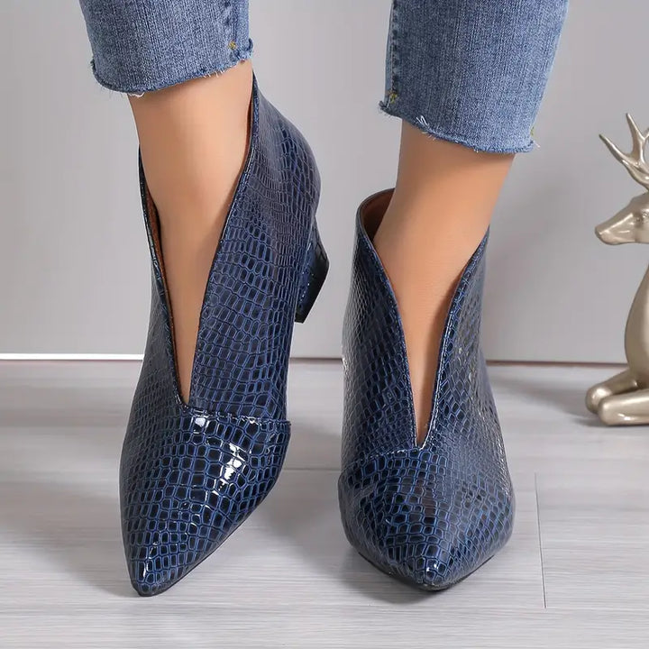 Women's Croc Embossed Pointed Toe Block Heel Ankle Boots