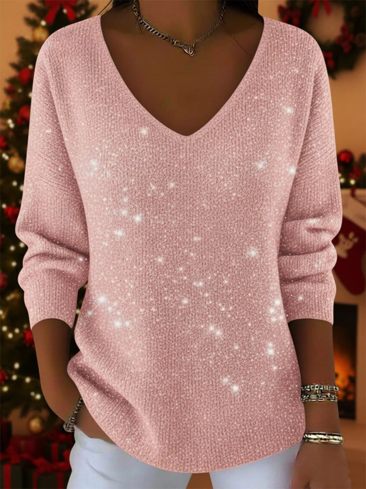 Women's Festive Glitter V-Neck Jumper Long Sleeve Sparkle